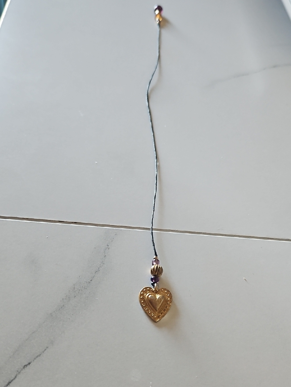 Gold Heart Pendant Bookmark with Purple Bead Accents